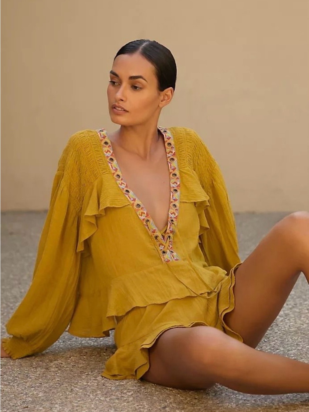 Anthropologie Embellished Grommet Ruffled Long-Sleeve Blouse Mustard Size XS